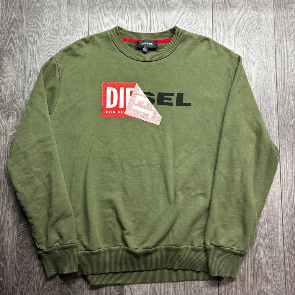 Diesel Mens Large Olive Green Peeling Logo Graphic Crewneck Sweatshirt